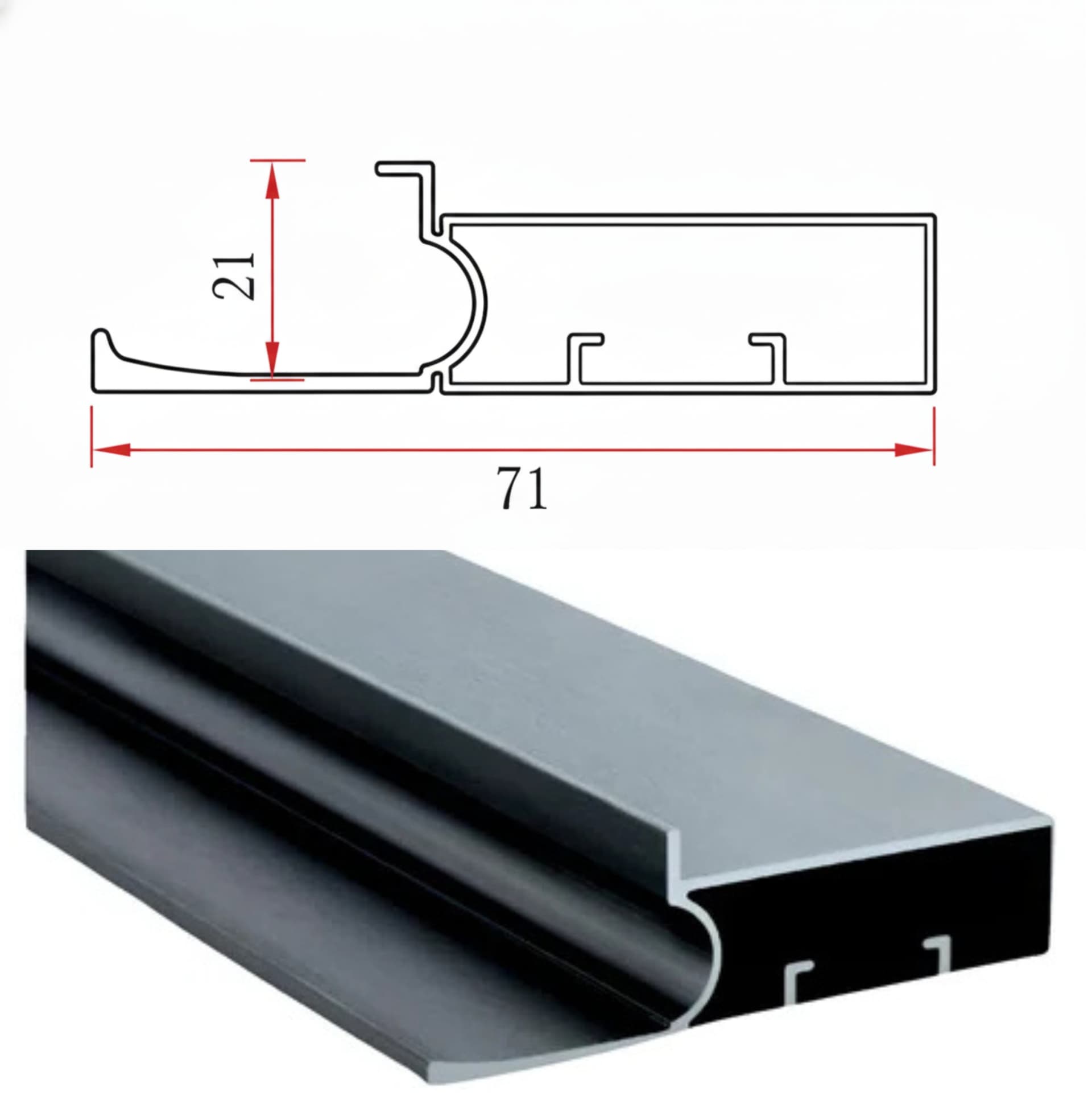 72 MM Aluminum Profile Handle Diagram & Finish Image