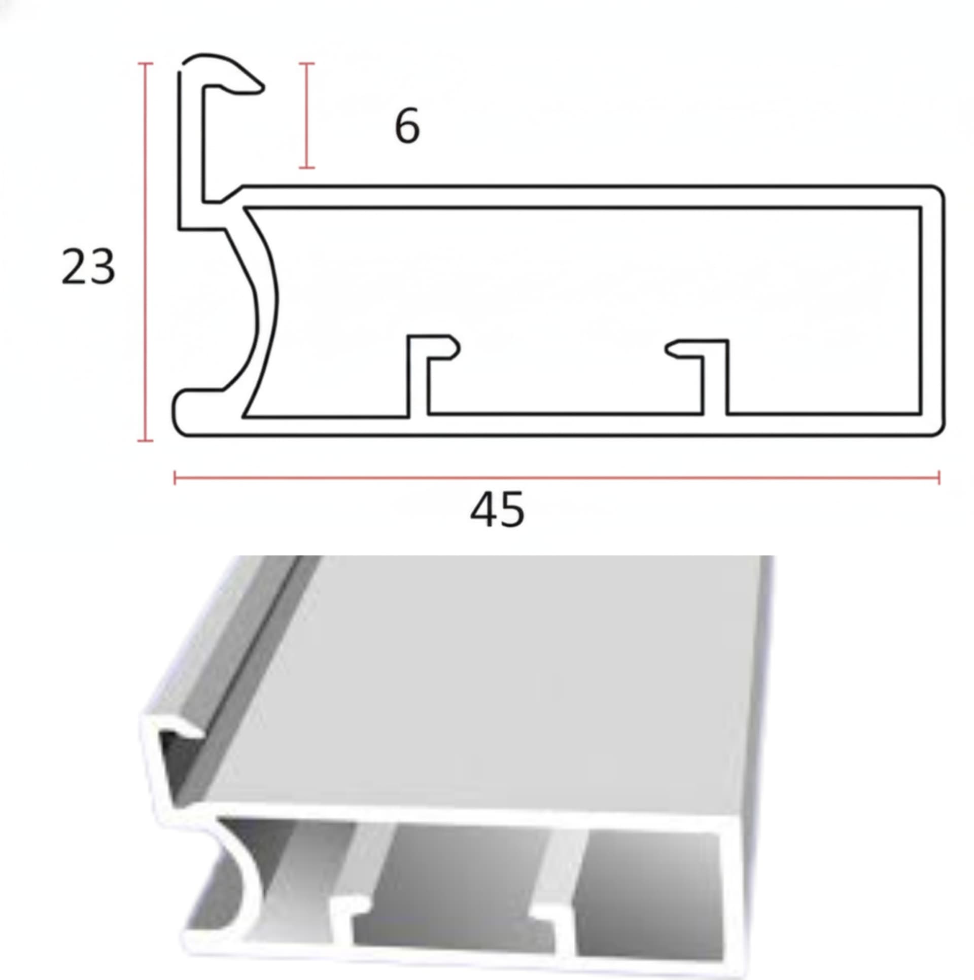 45mm Aluminium Profile For 4 to 5 mm Glass (Gru Profile) Diagram & Finish Image