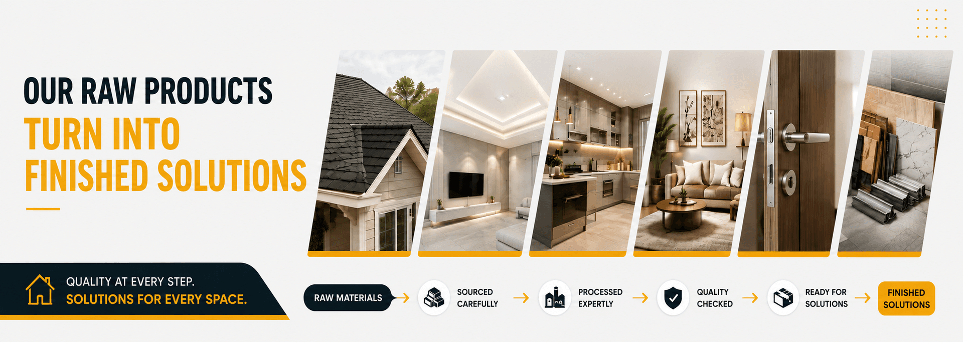 MaterialBuy banner showcasing building materials transformed into finished roofing, ceiling, kitchen, living room, hardware, and flooring solutions.